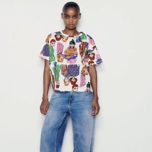 Zara fashion art graphic cropped t-shirt size Small colourful women print